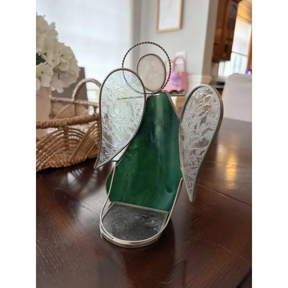 Vintage Stained Glass votive Candle Holder Green & White Angel with Wings. EUC